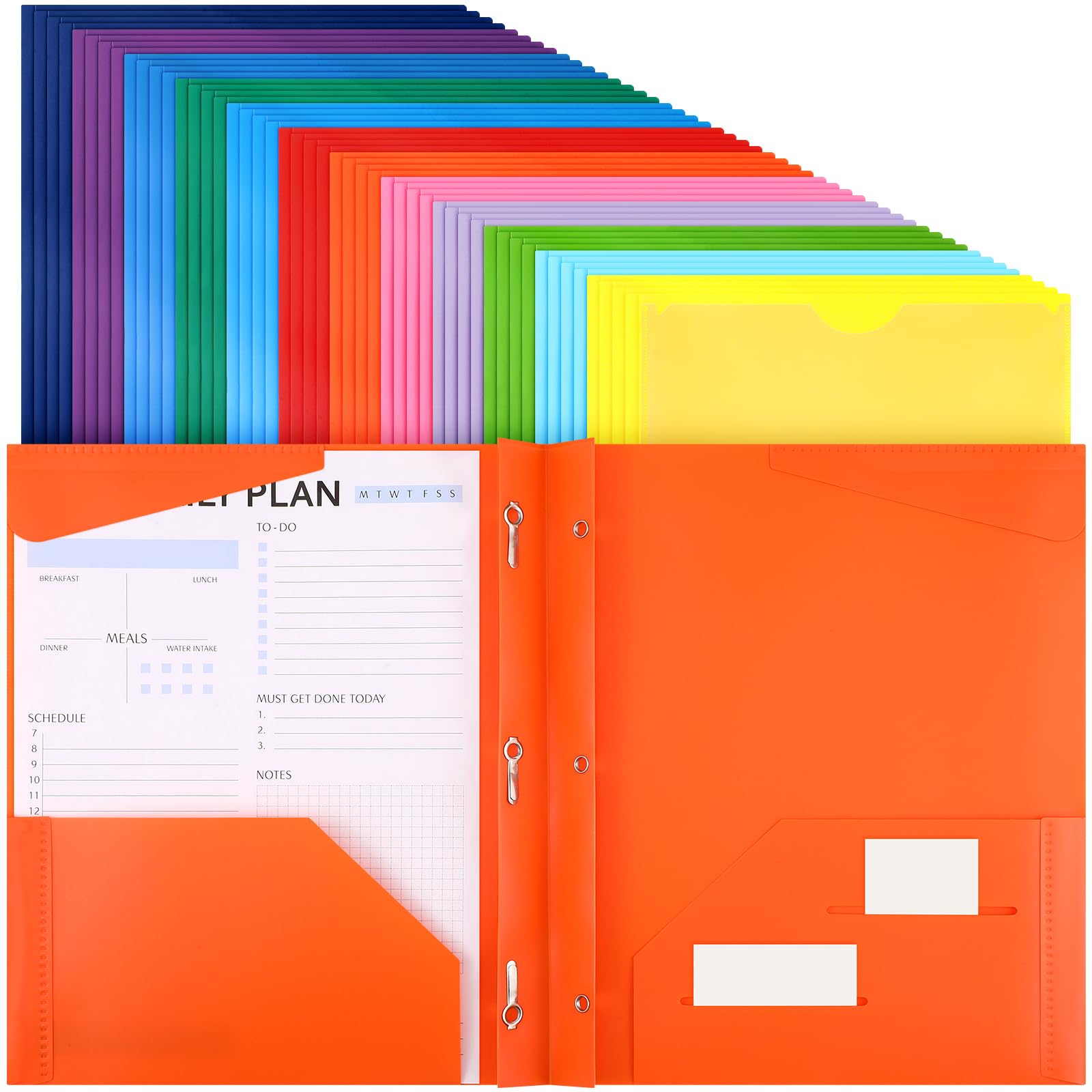 Tenceur 48 Pack Plastic Folders with 3 Prongs Bulk Heavy Duty Folders with Clear Front Pockets and Card Slots with Fasteners Fit Letter-Size Papers