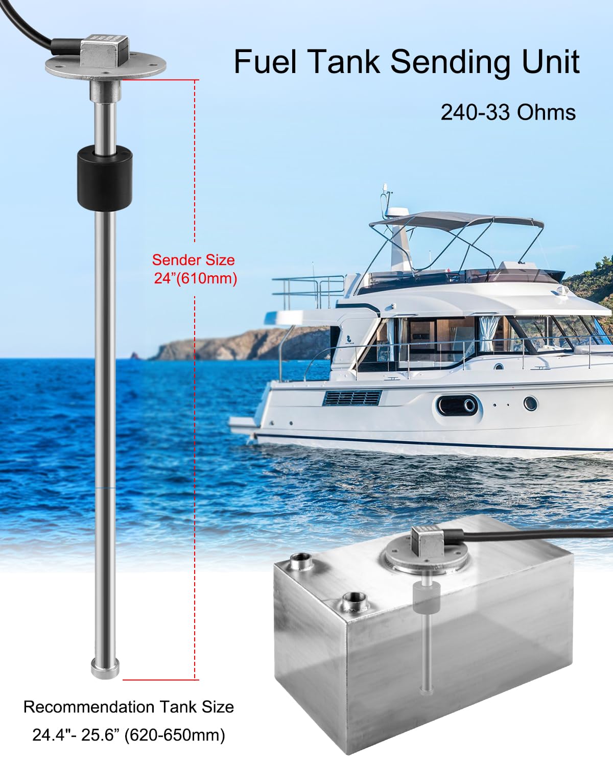 240-33 ohms 24"(610mm) Fuel Level Sending Unit for Marine Boat Truck Car, Fuel Water Level Gauge Sensor Stainless Steel Fuel Gas Sender