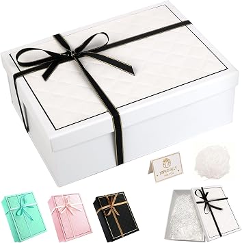 White Gift Box with Lids Large Gift Boxes for Presents Textured, Foldable Present Container with Card, Shredded Paper, Ribbon 25x18x8.8cm Empty Boxes for Valentine's Day Birthdays, Weddings