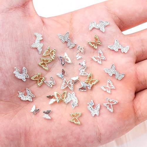 Miniatura 4 de SILPECWEE 100 dijes de mariposa para uñas, mariposas doradas y plateadas en 3D para uñas, de aleación, para arte de uñas, aretes huecos, joyas para