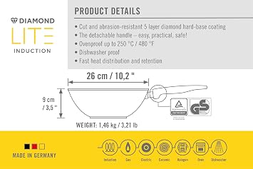 Woll 11026DPI Diamond Lite cast Wok, 26 cm Diameter, 9 cm Tall with Removable Handle
