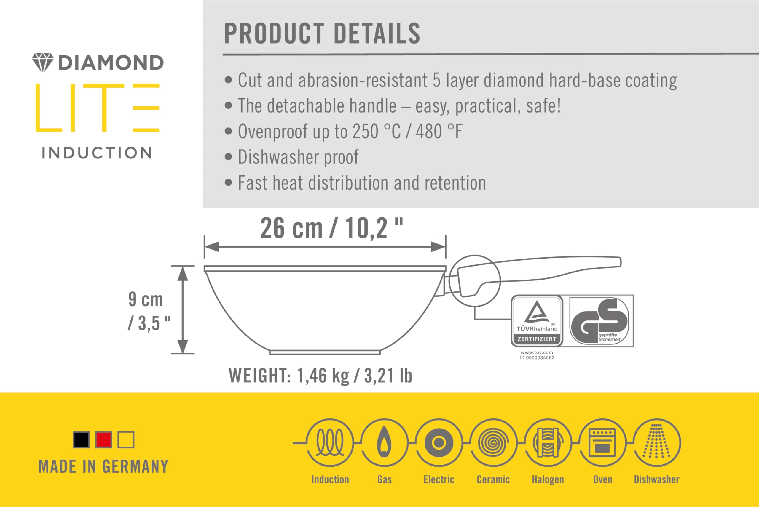 Woll – Diamond Lite Guss-Wok & Rührpfanne Ø 26 cm mit abnehmbarem Stiel – Antihaftpfanne aus Aluminiumguss mit Diamant-Versiegelung – induktionsgeeignet & backofenfest – für alle Herdarten