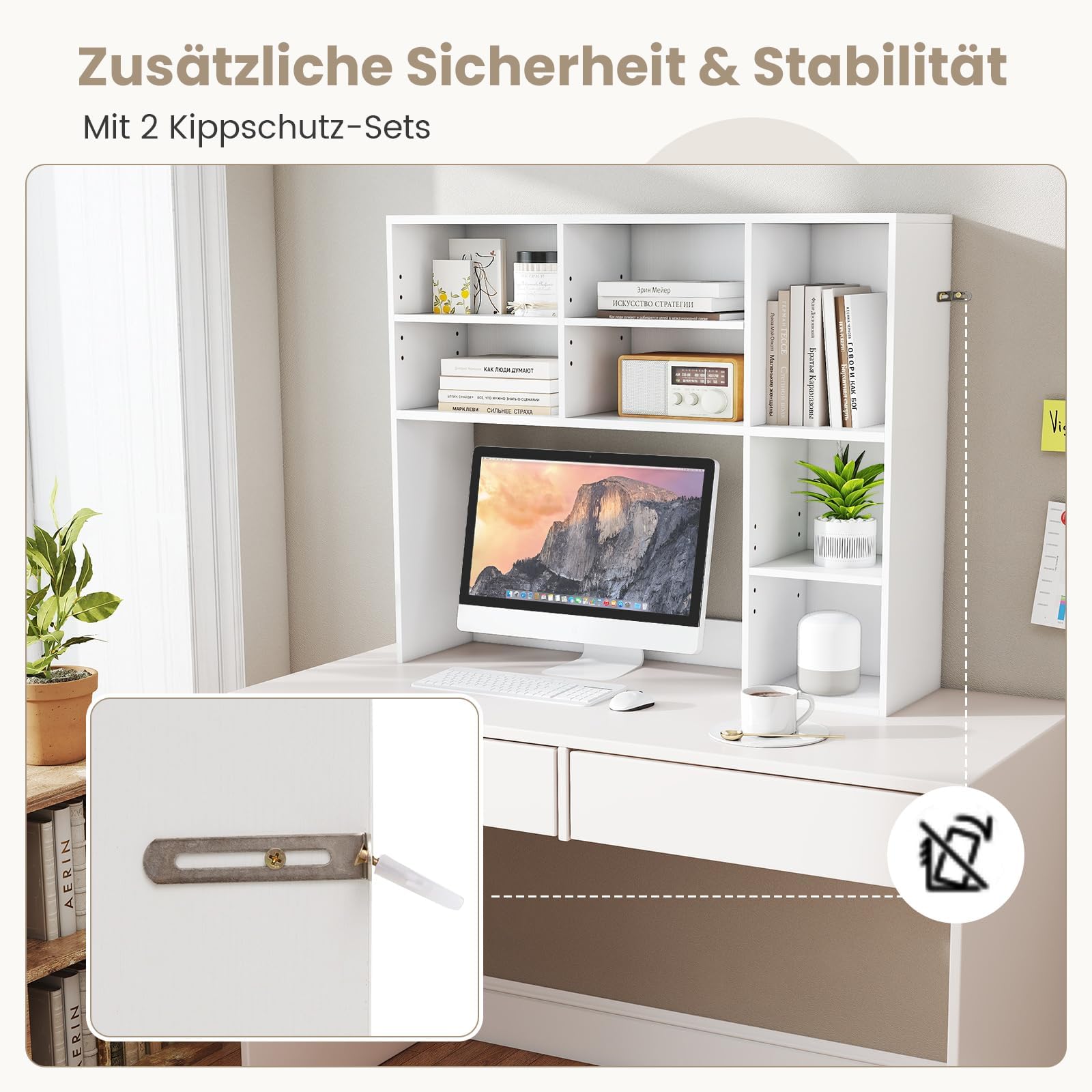 FANTASK Tischregal mit 7 Fächern, Bücherregal, Schreibtisch Aufsatzregal für Monitore bis zu 27", Aufbewahrungsorganizer, Schreibtischregal für Arbeitsplatte, 94 x 25 x 79 cm (Weiß)
