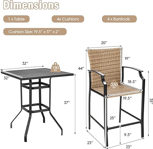 Miniatura 5 de Tangkula Juego de 5 barras de patio al aire libre, juego de bistró de ratán con 4 taburetes de mimbre y 1 mesa de bar, marco de acero resistente,
