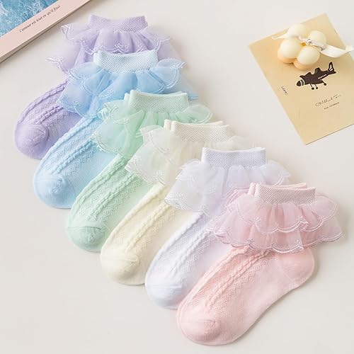 Miniatura 5 de Paquete de 6 calcetines con volantes para bebé y niña, con ojales, de algodón con ojales, bonitos calcetines de vestir de algodón para niños..