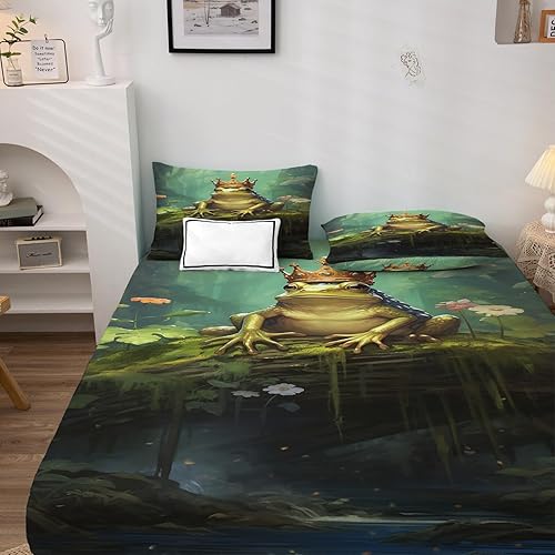 Miniatura 2 de Juego de sábanas de rana tamaño Queen, sábanas de cama con patrón de vida silvestre, sábanas y fundas de almohada de 4 piezas, sábana bajera
