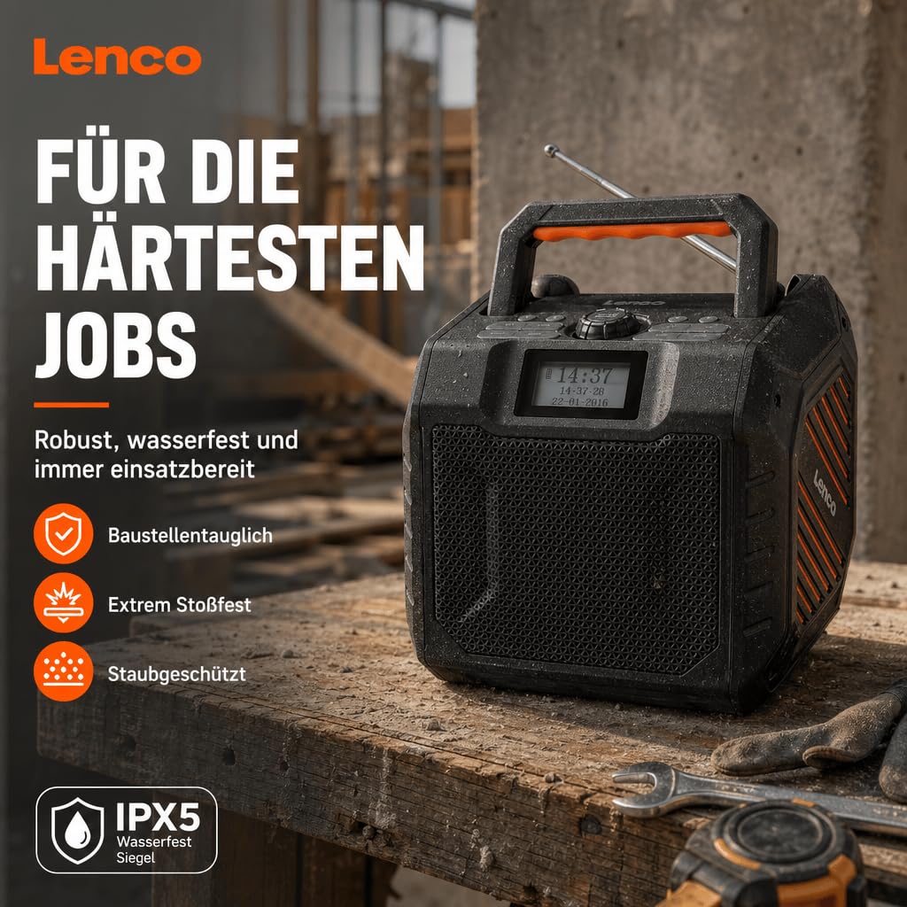 Lenco ODR-160GY - Outdoor-Radio - DAB+/FM-Radio - Bluetooth-Lautsprecher | ODR-160BK - stoßfest & wasserdicht - SD-Kartenleser - AUX-In - 35W RMS - 20 Stunden Akkulaufzeit