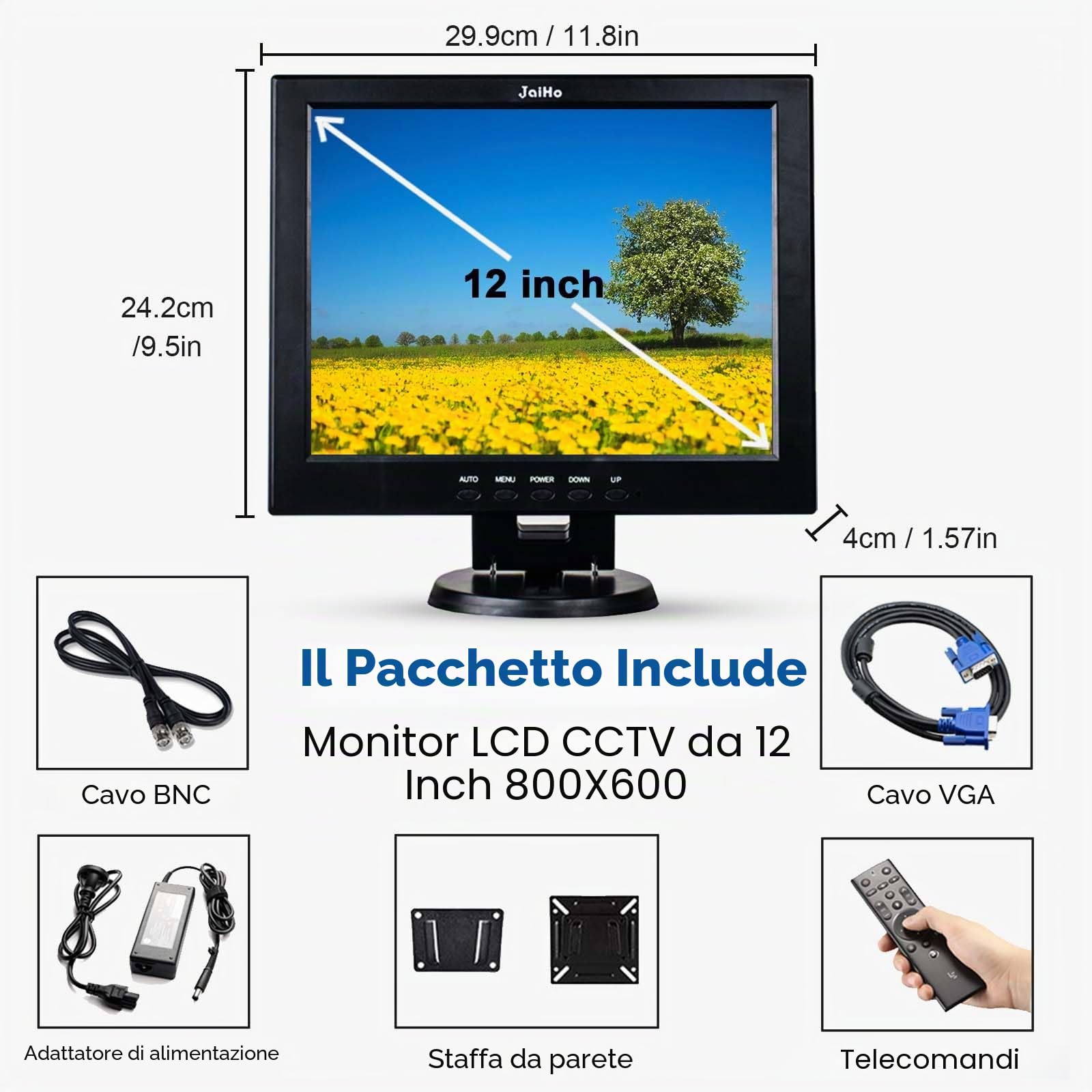 JaiHo Monitor CCTV da 12 Pollici LCD Schermo 800 * 600 Risoluzione, Piccolo Monitor con HDMI VGA BNC AV Ingresso per PC Display CCTV Casa Sicurezza, LCD Schermo a Colori Mini Monitor