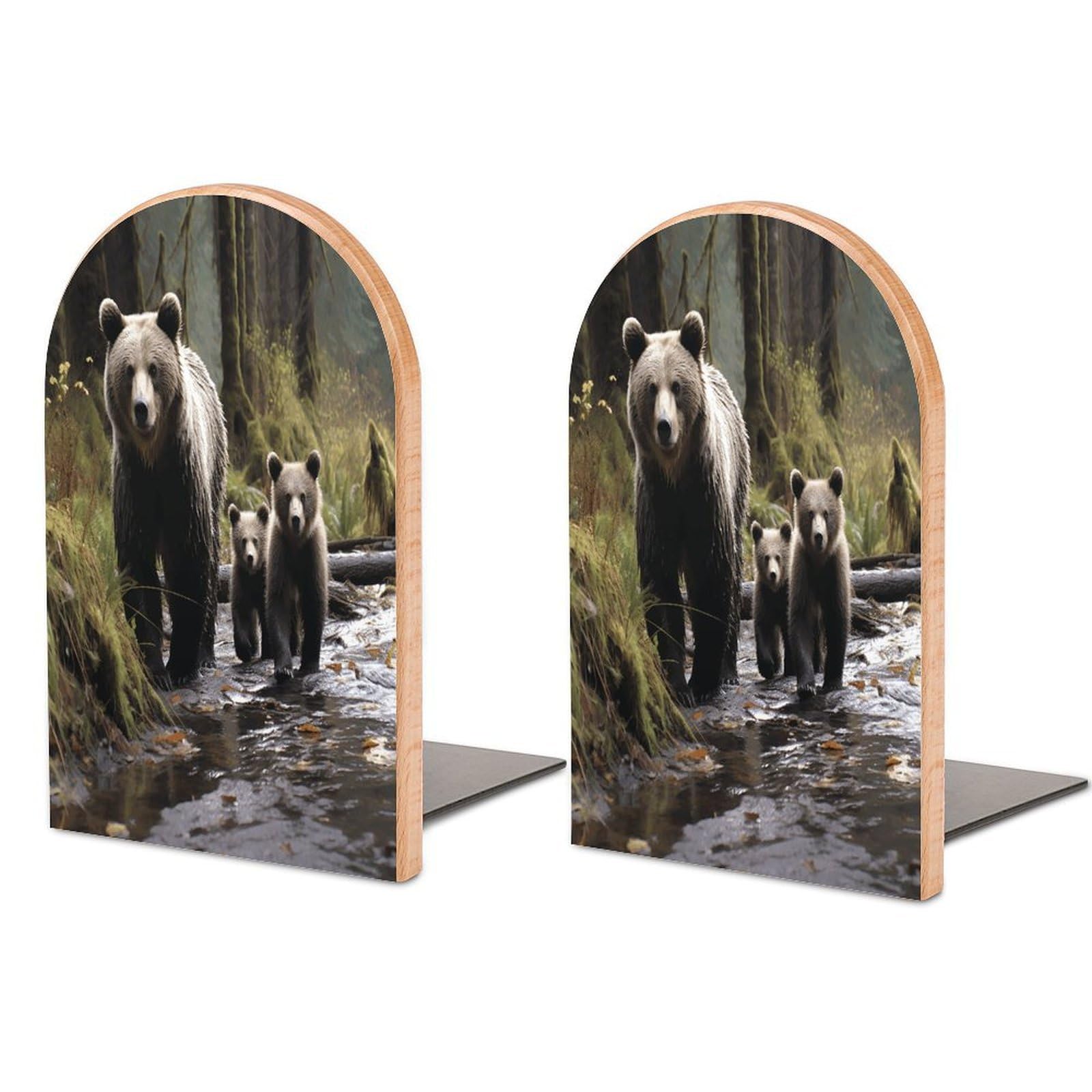 Mother Bear and Her Cubs Bookend Wood Book End for Shelves Heavy Duty Non-Slip Wooden Bookend Support Universal Economy Bookends Fancy Modern Decorative Book Accessories 1 Pairs