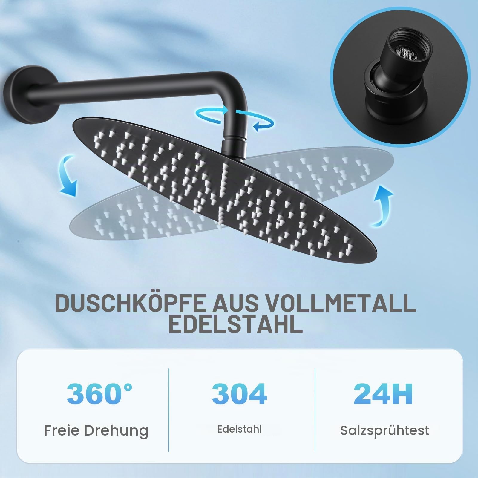 30CM Rund Matt Schwarz Regendusche Duschkopf, 12 Zoll Wasserfall Duschkopf Wassersparend, Ganzmetall-Edelstahl 304, Decken Regenduschköpfe mit 120 Anti-Verstopfungs-Silikondüsen