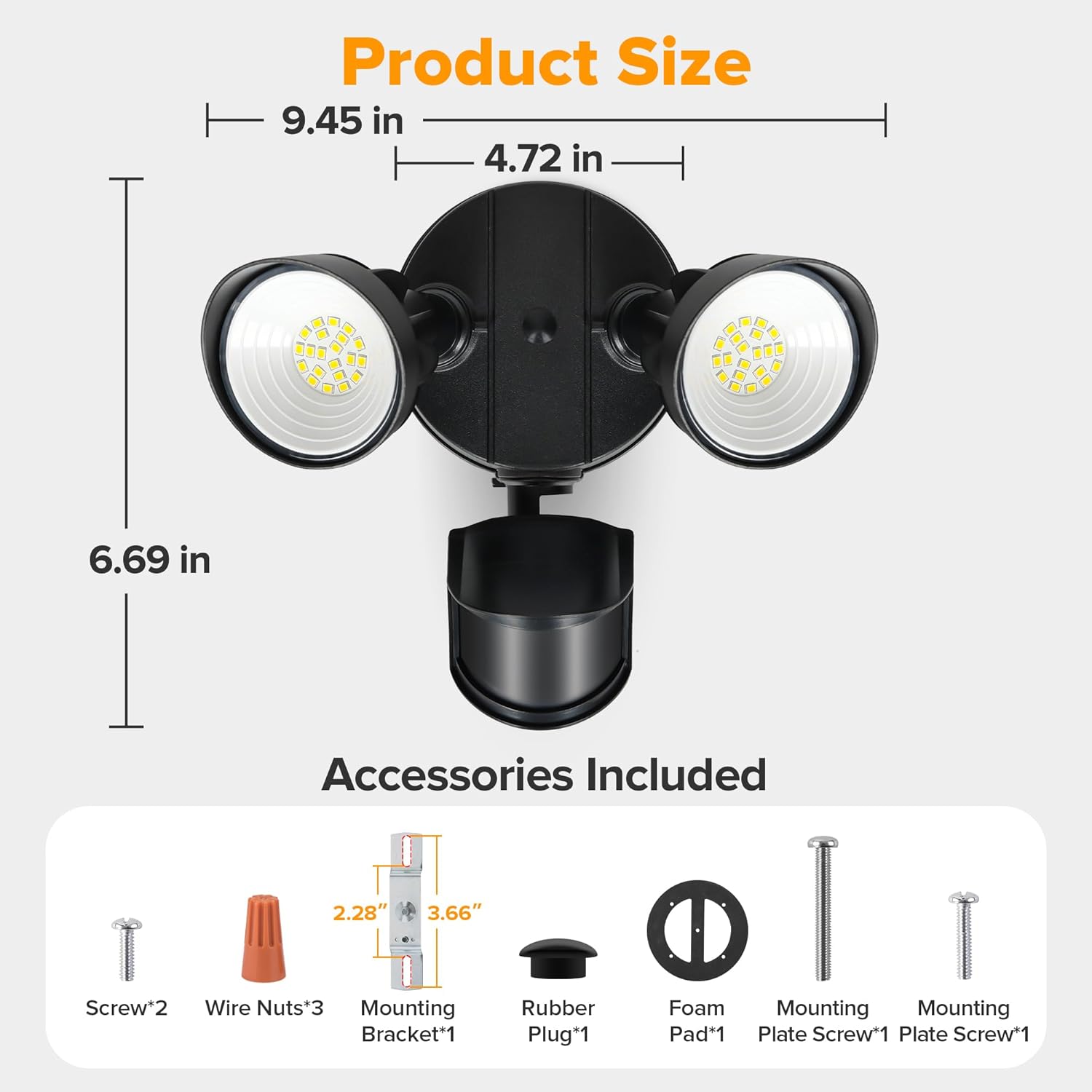 Product dimensions and included accessories