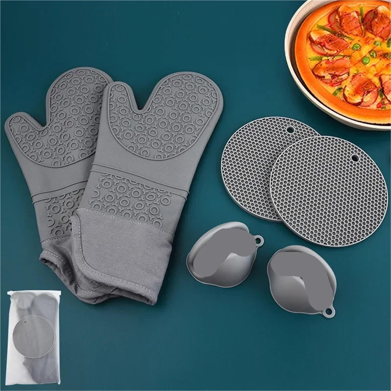 Juego de 6 uds Manoplas Horno Calientes, Guantes anticalientes for Hornear, Almohadilla Aislante Resistente, Alfombrilla Silicona for y microondas, Herramientas Cocina(Black)