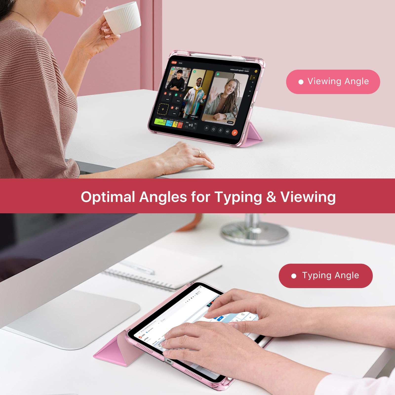 MoKo Cover per iPad Air 11 Pollici Case M3/M2 2025/2024, iPad Air 5a/4a Gen 10,9" Custodia 2022/2020 con Portapenna, Cover Trifold Sottile e Leggera con Retro in PC Rigido Traslucido, Rosa