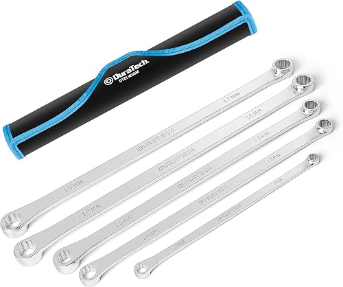 DURATECH 5-Piece Extra Long Wrench Set, Double Box End, Metric | 0 Degree Offset, CR-V Steel, 8mm, 10mm, 12mm, 13mm, 14mm, 15mm, 16mm, 17mm, 18mm, 19mm, Organized in Rolling Pouch