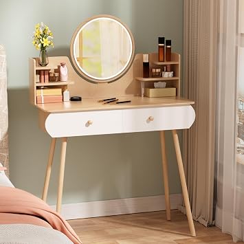 Vanity Desk with Mirror and LED Lights, 2 Drawers 31.5