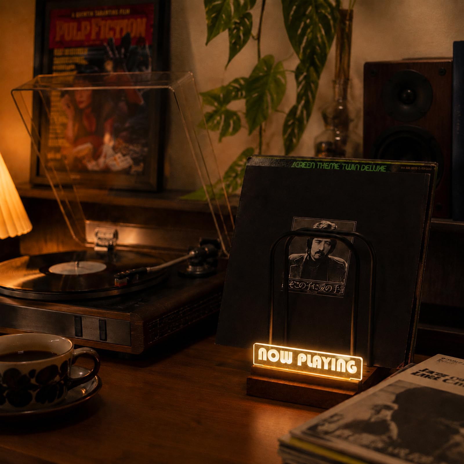 ZEDKEHO Supporto per dischi in vinile per album LP con display a LED ora in riproduzione, supporto per dischi in legno, cartello luminoso in acrilico rimovibile, contiene 50-75 dischi, decorazione per
