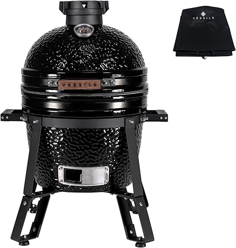 VESSILS Fleet Kamado - Juego completo de parrilla de carbón - Ahumador de cerámica con cubierta para parrilla, cesta de carbón, piedras deflectoras