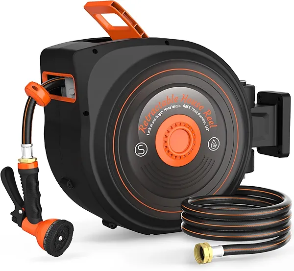 Treillage Tale Retractable Garden Hose Reel 1/2 in x 50 ft, Auto-Rewind & Any Length Lock, 180° Swivel Heavy Duty Hose Reel Wall Mount for Outside, 10 Spray Patterns, UV-Resistant