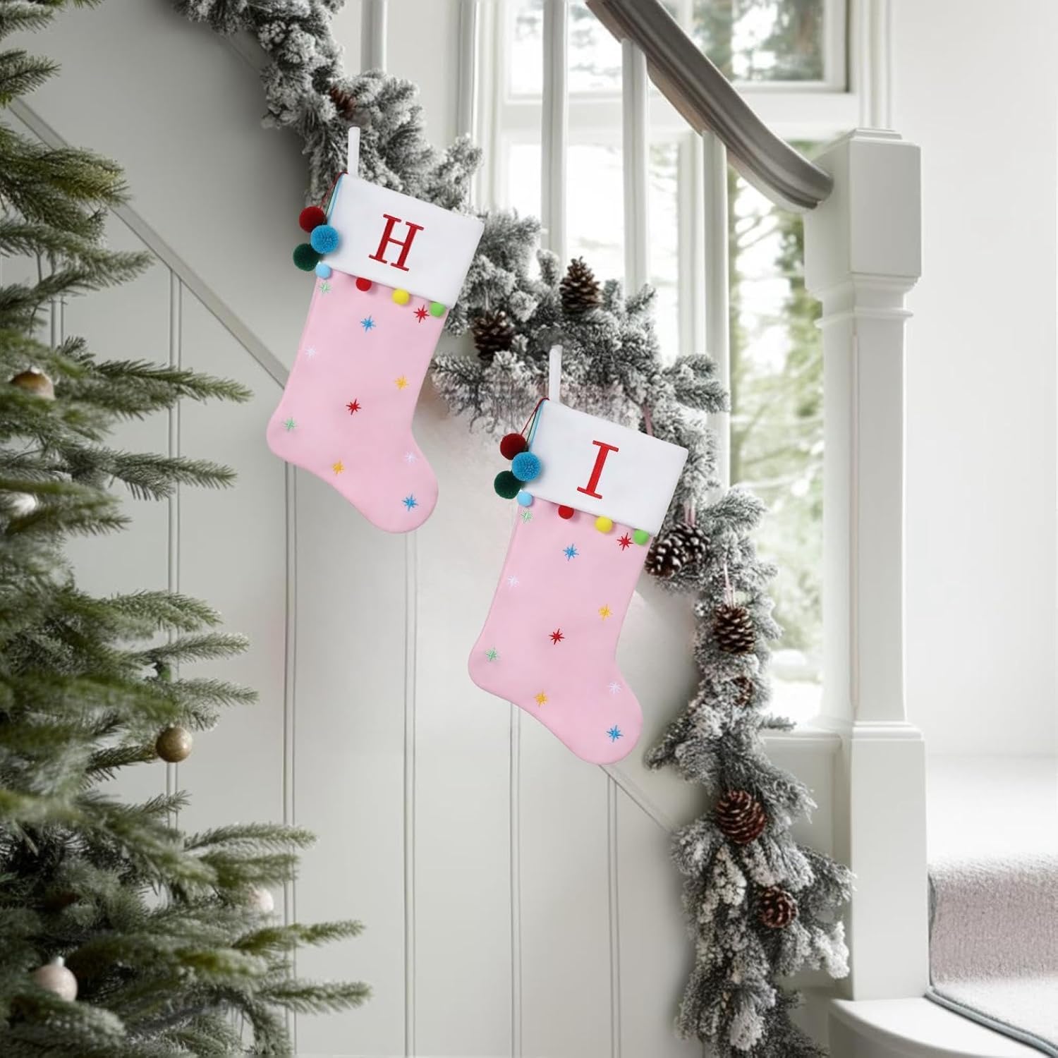 19 Inch Personalized Monogram Initial Christmas Stocking, Embroidered Fleece Stockings with Stars & Pom Poms, Holiday Fireplace Decor for Xmas Party,Festive Gift- Letter H - Image 6