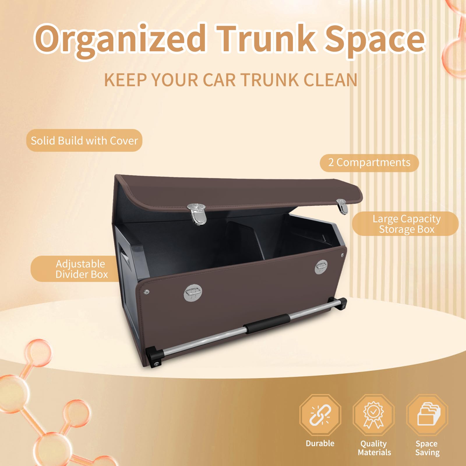 Organizador plegable de cuero para maletero de coche con tapa y asa resistente para SUV, camión, sedán, almacenamiento de coche (marrón, 69 x 29 x 31 cm)