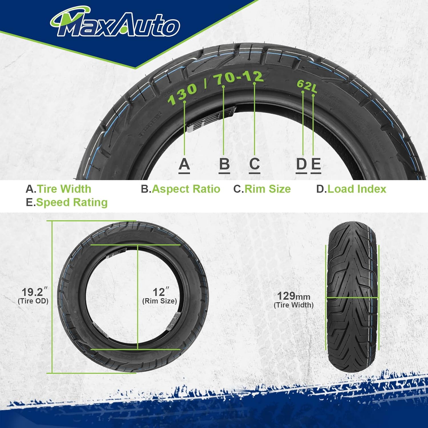 MaxAuto Rear Scooter Tire 130/70-12, Motorcycle Scooter Moped 130/70-12 Tubeless Tire 62L