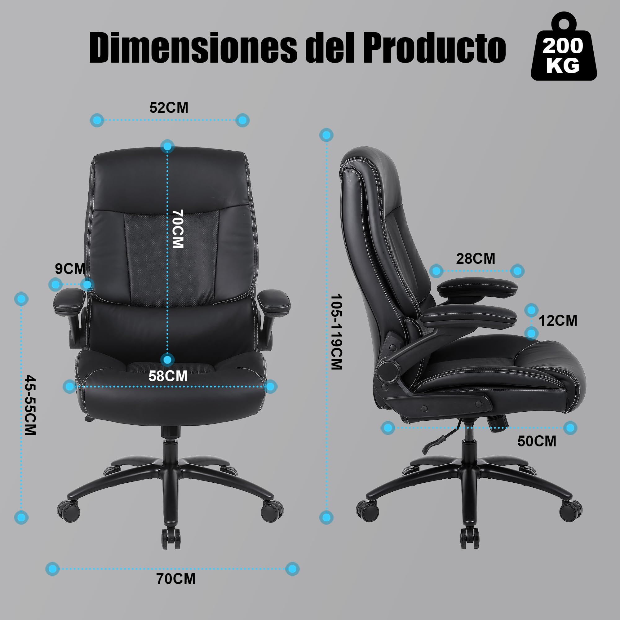 Youhauchair Silla Escritorio, Silla Oficina de 200 kg para Personas Pesadas, Silla Ergonomica Escritorio con Reposabrazos Abatibles, Sillas Escritorio de Cuero PU, Respaldo Alto, Negro