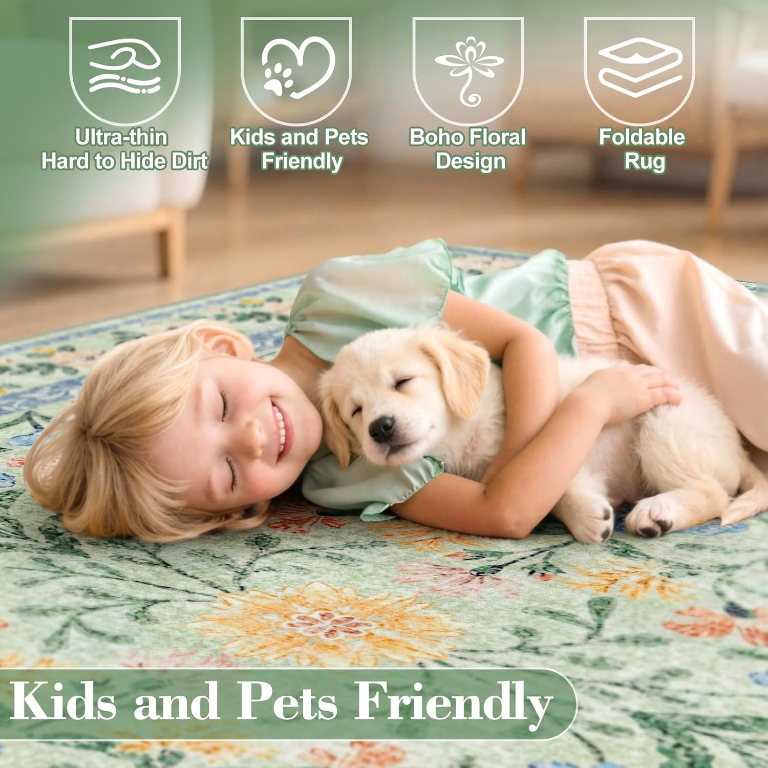 Wonnitar Boho Washable Rugs 8x10, Large Floral Rugs for Bedroom, 8 x 10 Soft Green Living Room Carpet, Non Slip Ultra-Thin Carpet for Kids Playroom Dorm Dining Room - Image 6