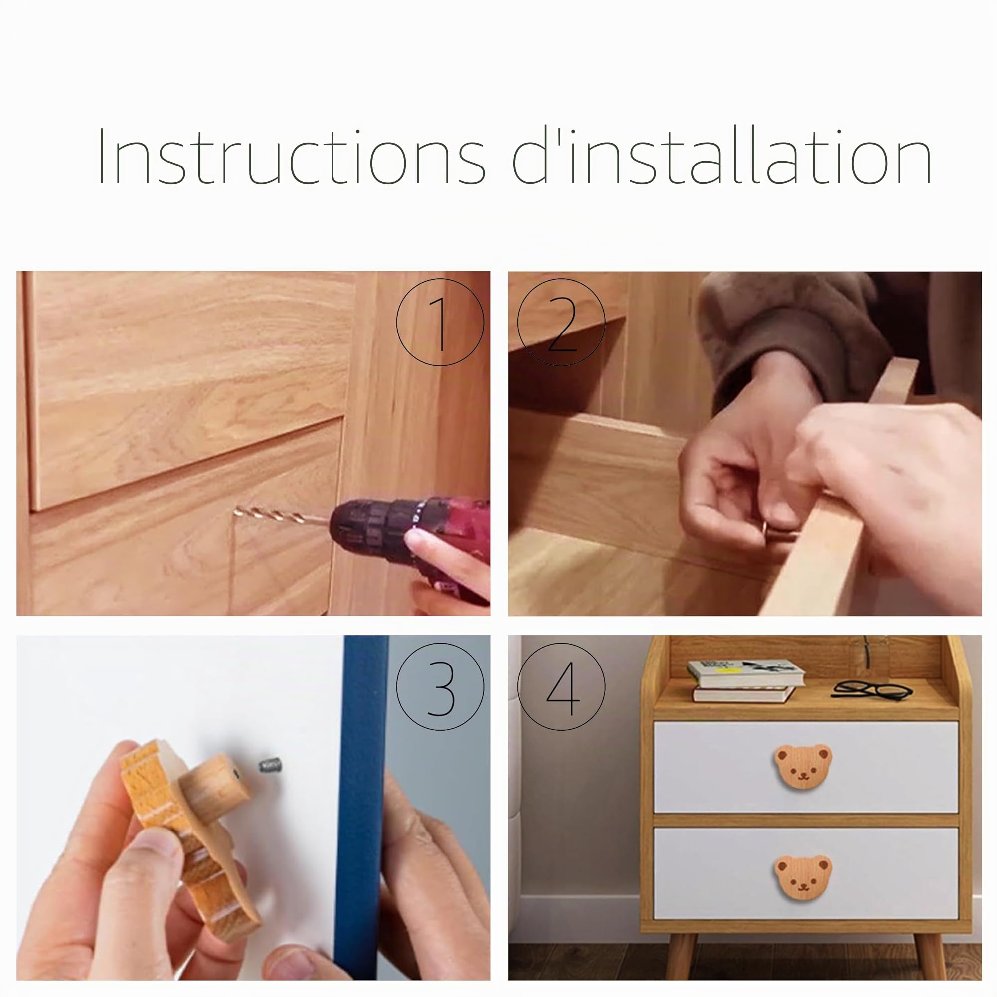 12 pièces Poignées de tiroir en bois sculpté ours bohème - Décoration rustique pour armoire/cuisine/meuble - Poignets d'armoire écologiques artisanaux‌