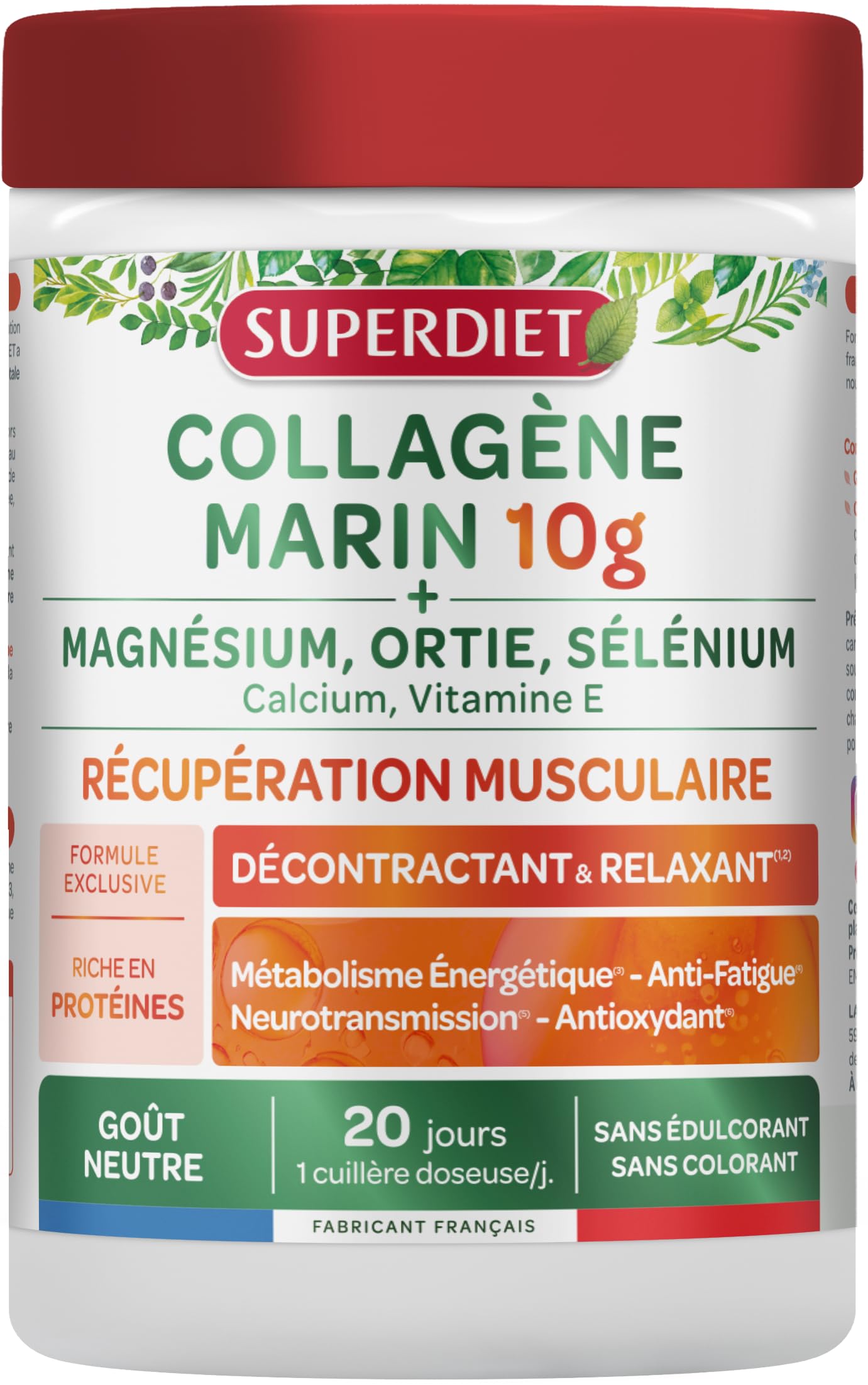 SUPERDIET - COLLAGÈNE MARIN - RÉCUPÉRATION MUSCULAIRE - Décontractant et relaxant - Anti-​fatigue - Anti-​oxydant - Riche en protéines - Fabrication française - 240g