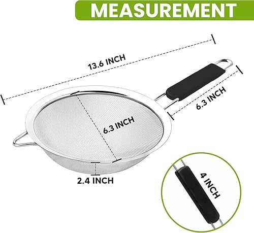 Miniatura 4 de Kafoor Colador de malla fina de 6.3 pulgadas con mango de goma termoplástica - Tamiz de malla fina de acero inoxidable - Ideal para tamizar harina,