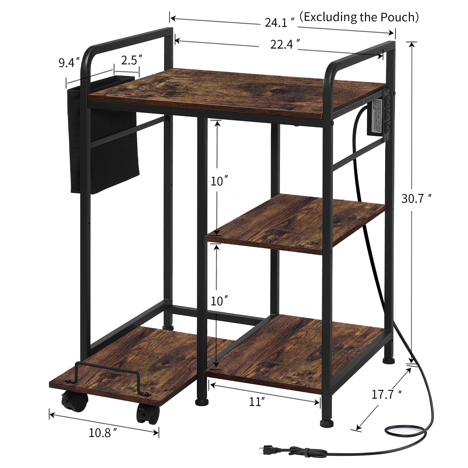 Soporte de impresora para el hogar con estación de carga, 24 x 18 pulgadas para impresora grande, soporte triturador de impresora con almacenamiento para oficina en casa, mesa para máquina de 2