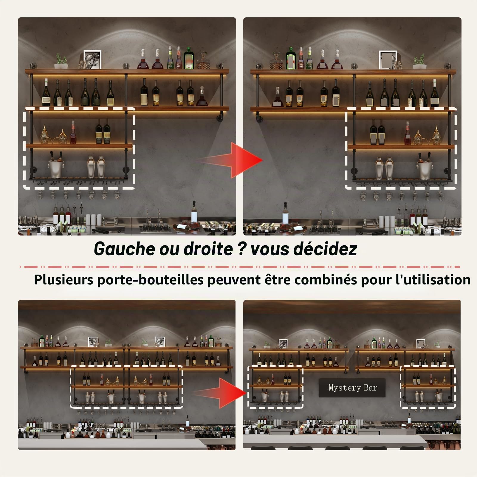 Casier à Vin Mural en Bois Massif, Porte-Bouteilles Muraux Industriels avec Lumière LED, Étagère à vin Murale vec Porte-Verre pour Cuisine Bar Salle (100 cm)