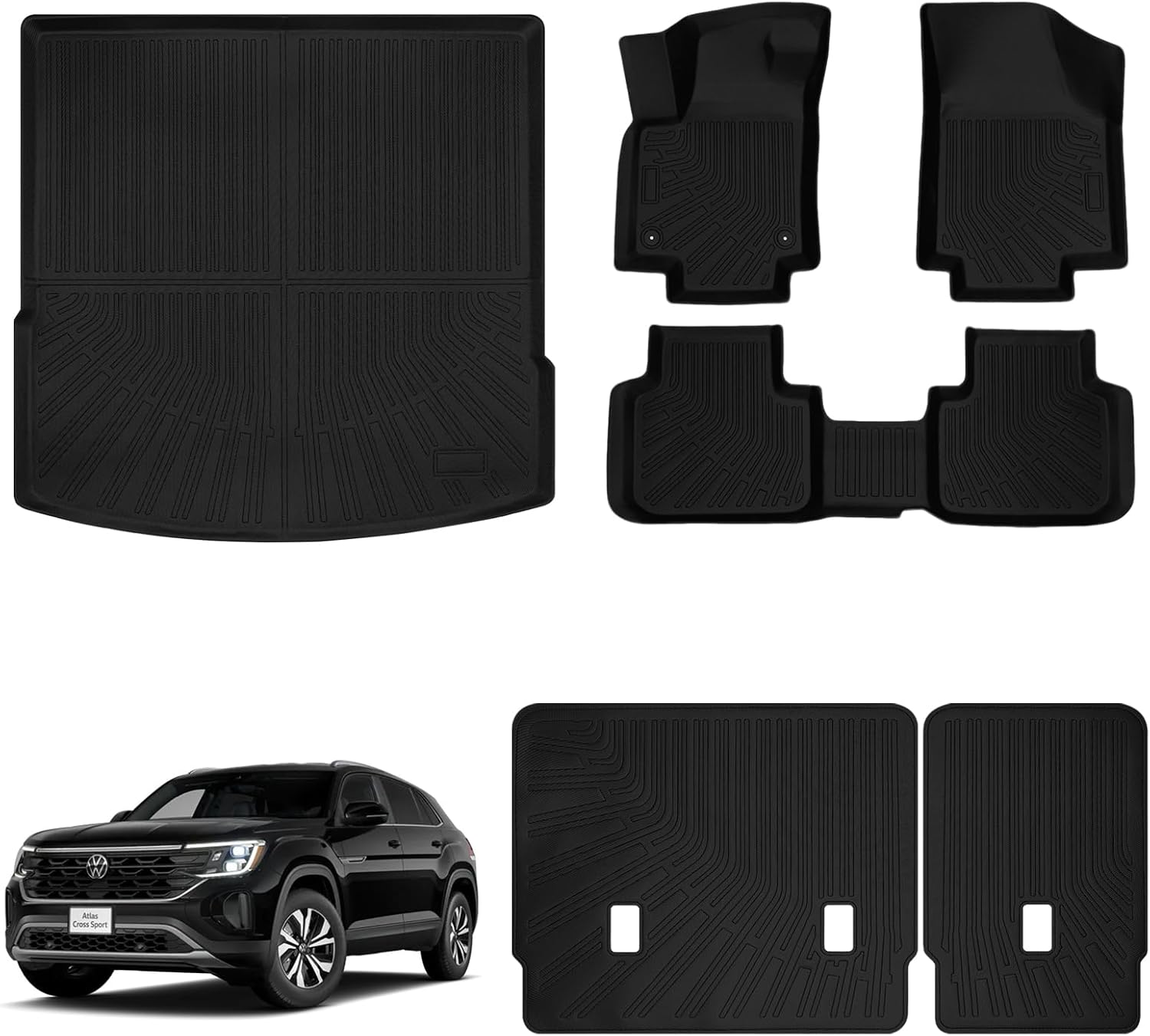 Floor Mats Cargo Liner Backrest Mat for Volkswagen VW Atlas Cross Sport Accessories 2020-2025 2026 with Hook&Loop Trunk Mat Rear Seat Back Cover Protector All Weather Anti-Slip Split Dog Liner