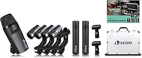 VEDO Kit de Microfone Dinâmico para Bateria 7 Peças com Cabo - Microfones para Bumbo, Tom/Caixa e Pratos - Conjunto Completo em Metal para Gravação Profissional e Performances ao Vivo com Alta