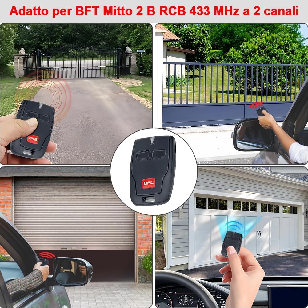 Telecomandi da 433MHz per apriportone BFT, sostitutivi per telecomando BFT Mitto 2, telecomando per garage a 2 canali con portachiavi, compatibile con sistema di cancello elettrico MITTO B