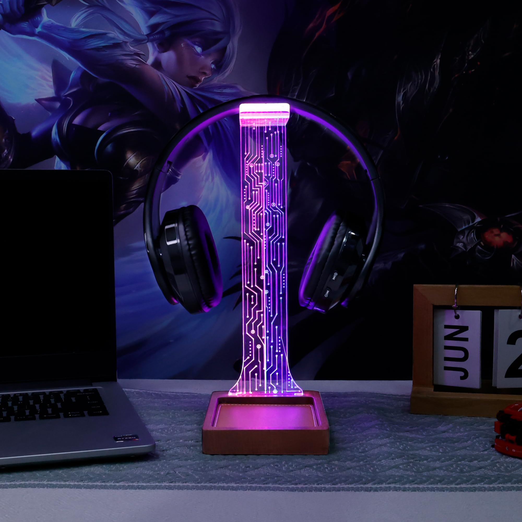 YuanDian Headphone Stand, Wood Headset Holder with Tray, Blue Pink LED Night Light for Gamers Men, and Music Lovers - Image 3