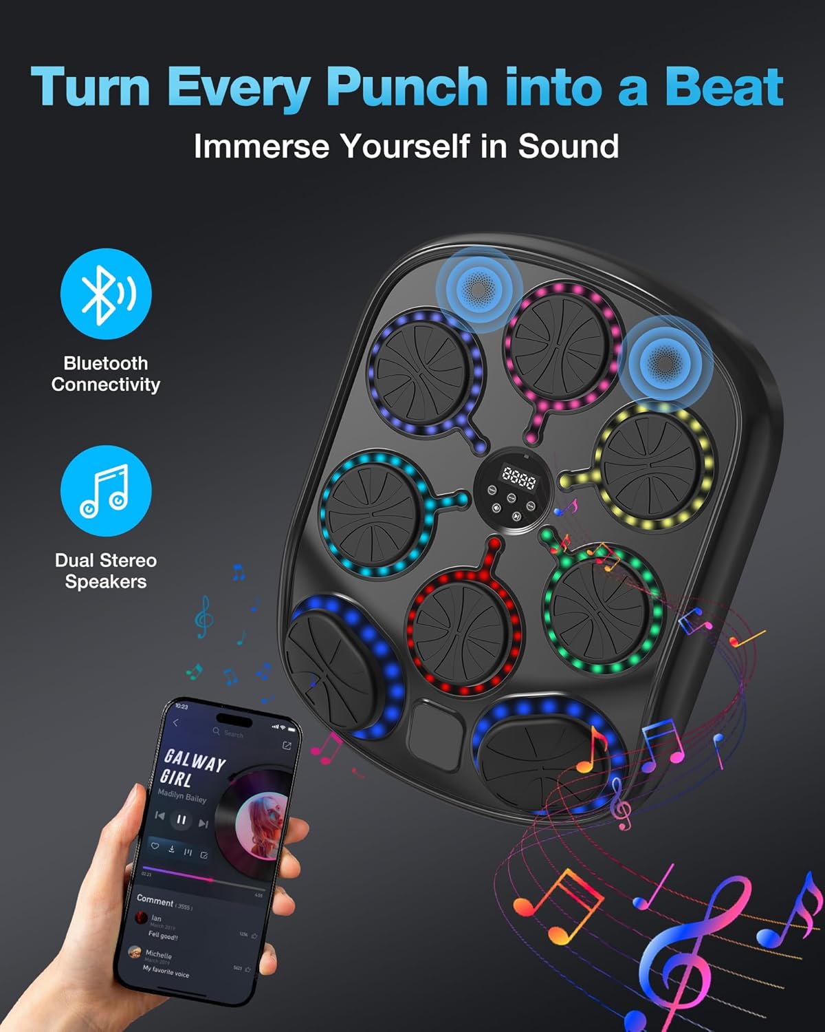 Music Boxing Machine for Adults and Kids, Smart Bluetooth Wall Mounted Punching Target with LED Feedback & Boxing Gloves, Home Gym Electronic Punching Bag for Indoor Workouts