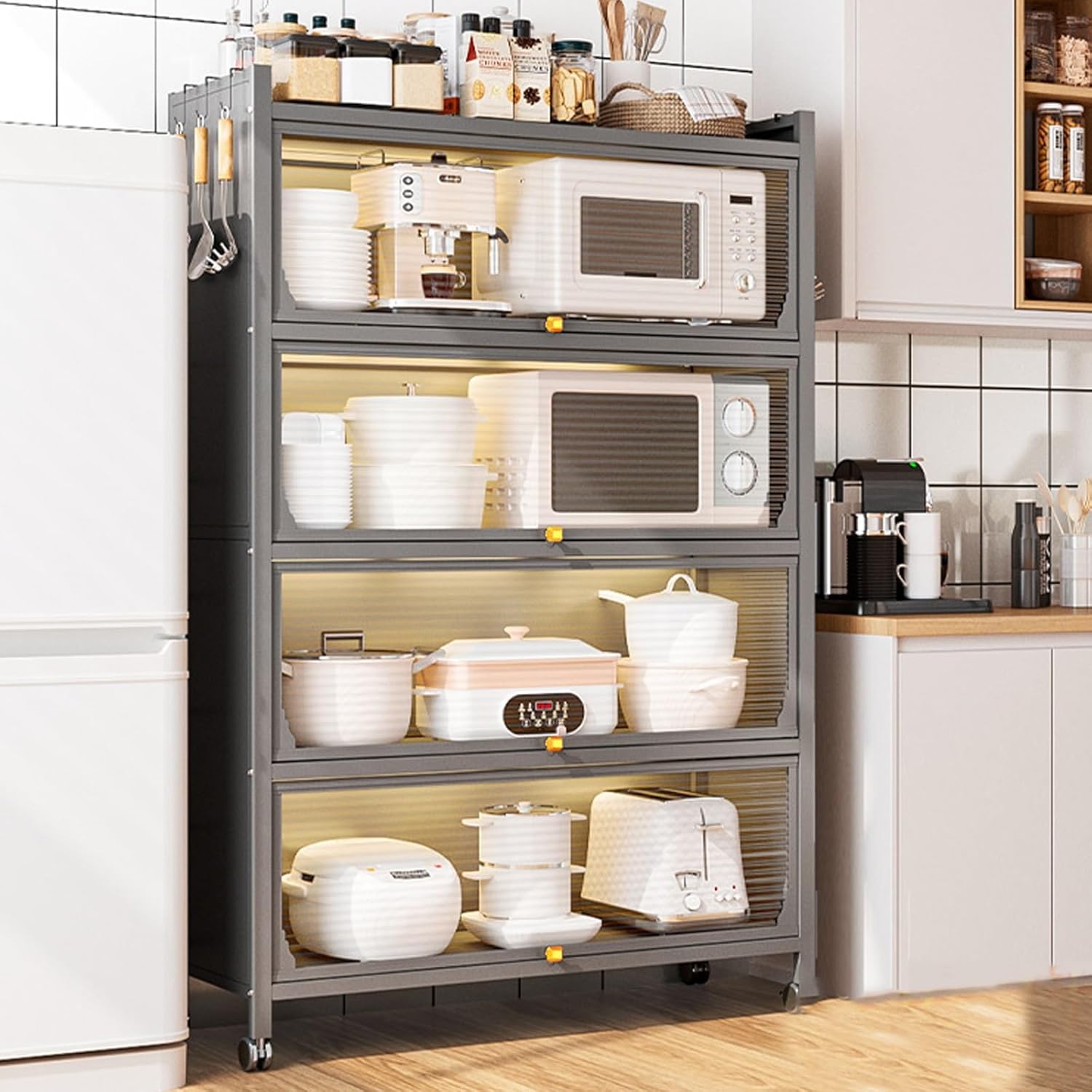 Bakers Rack Kitchen Storage Cabinet - Microwave Oven Shelf with Transparent Flip Door, Space-Saving Kitchen Hutch for Home, Office & Pantry (Color: Gray, Size: 31in)