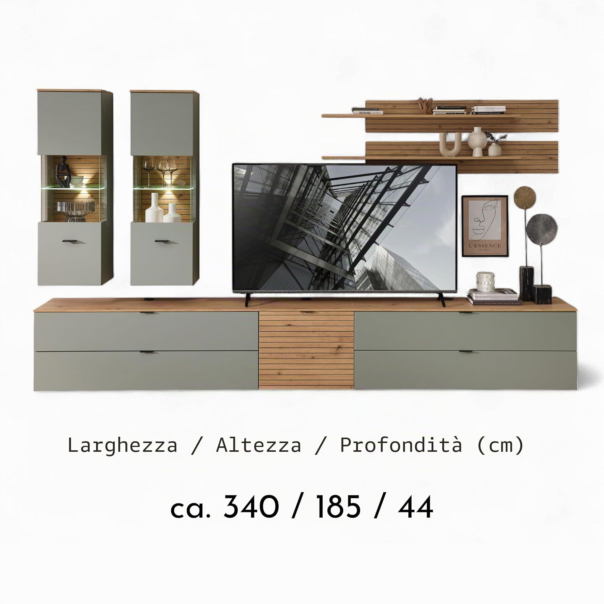 Stella Trading INA - Set completo da parete in verde canna, effetto rovere artisano, certificato FSC, 7 pezzi, con illuminazione a LED per il vostro soggiorno, 340 x 185 x 44 cm (larghezza x altezza x