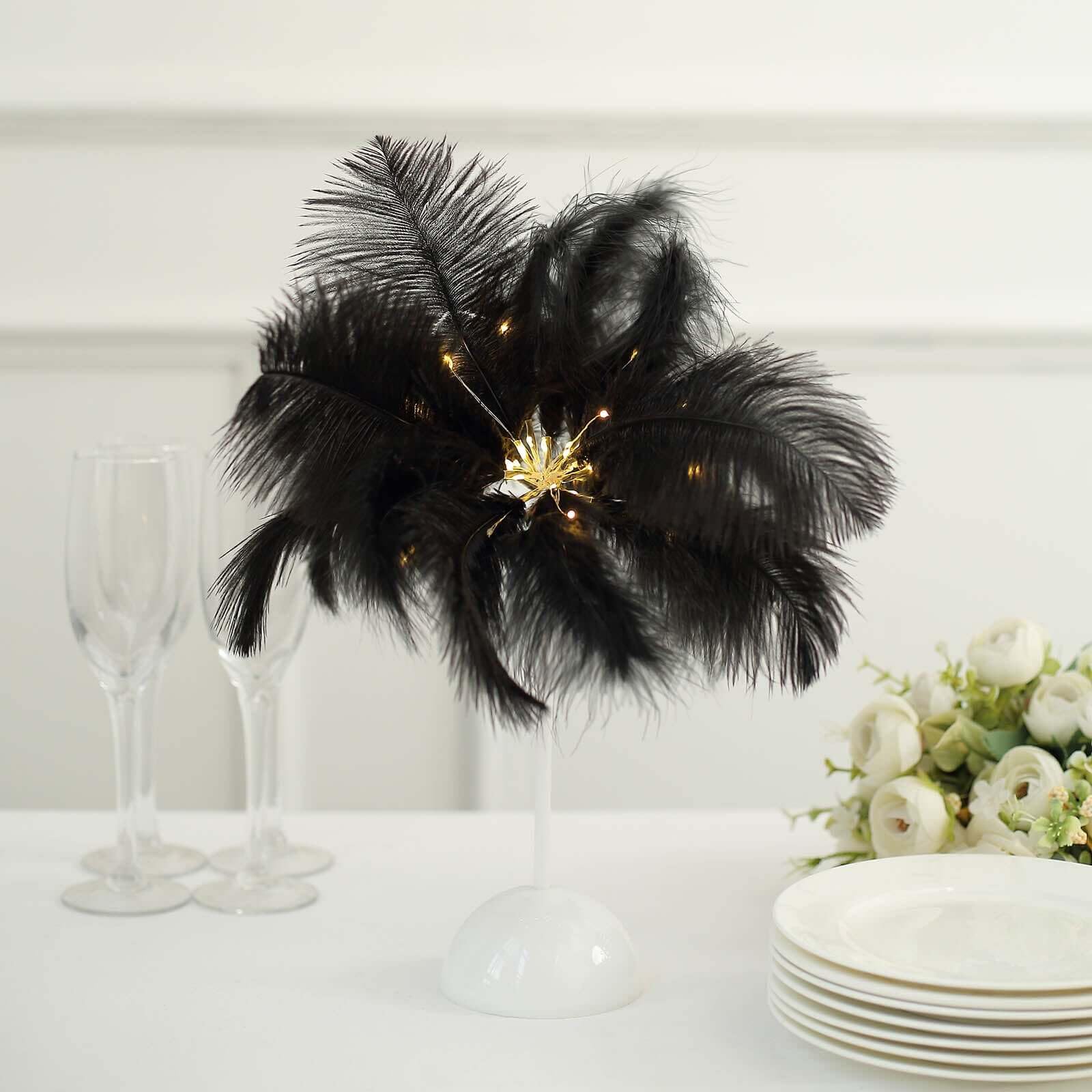 Efavormart 15" LED Black Ostrich Feather Table Lamp Desk Light, Battery Operated Cordless Wedding Centerpiece