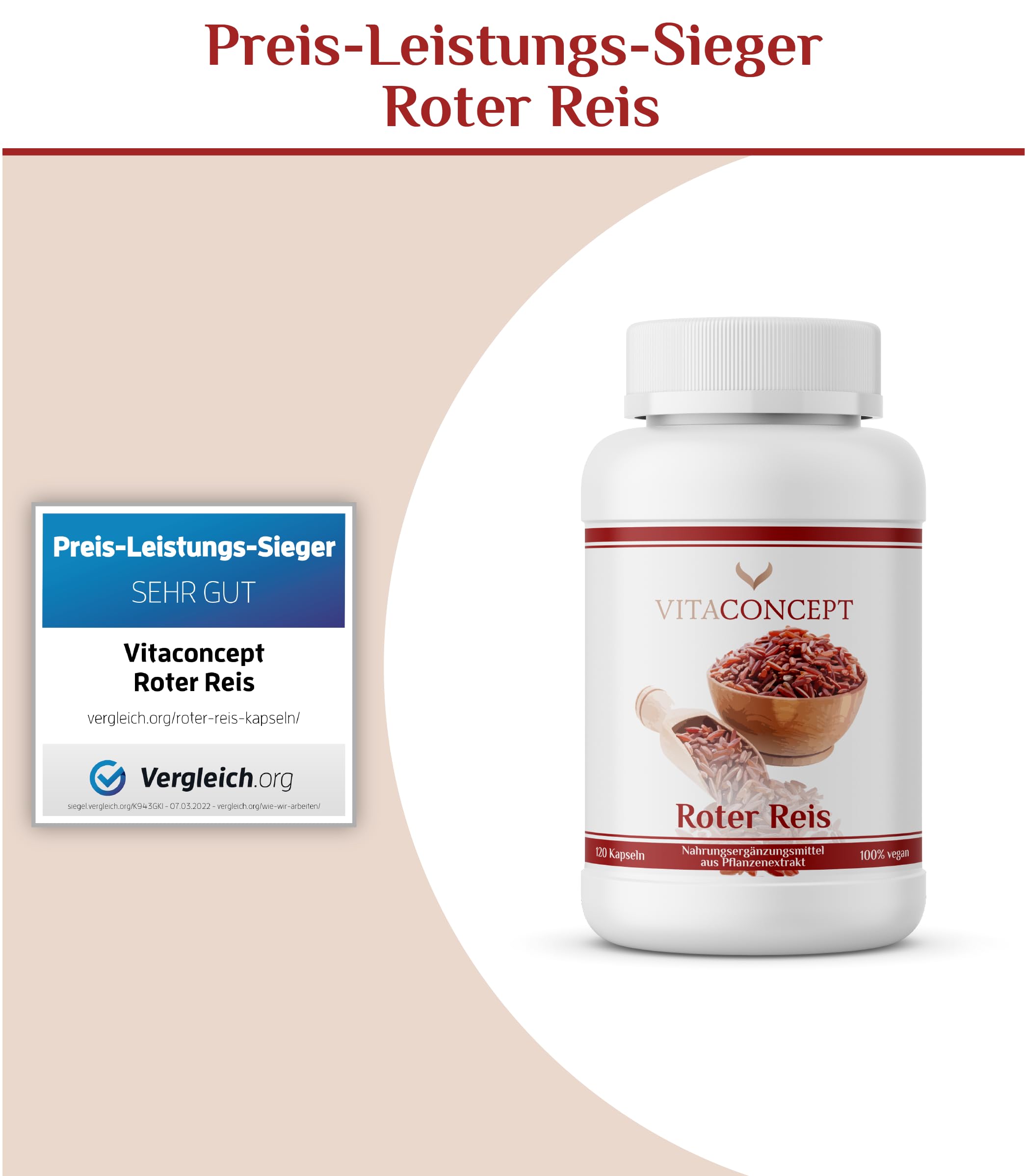 Vitaconcept | Fermentierter Roter Reis 600mg | 120 Kapseln | vegan | Roter Reis Extrakt 3:1 hochdosiert Red Rice mit Monacolin K | laborgeprüft | Monascus purpureus