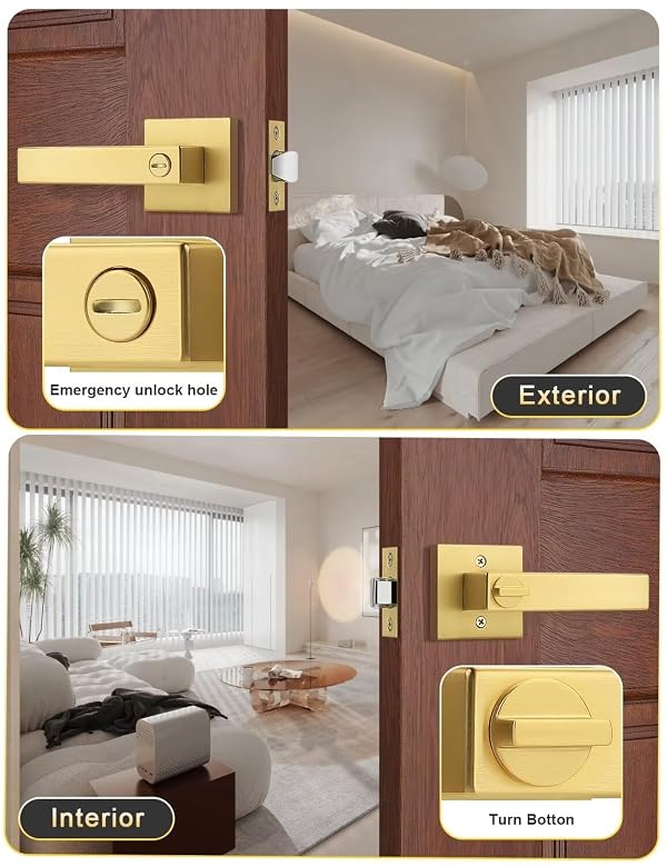 Tinewa 4 Pack Heavy Duty Gold Square Privacy Interior Door Levers, Satin Brass Finish, Bedroom and Bathroom Door Handles Keyless Bed/Bath Lockset by Tinewa - Used condition - Image 8