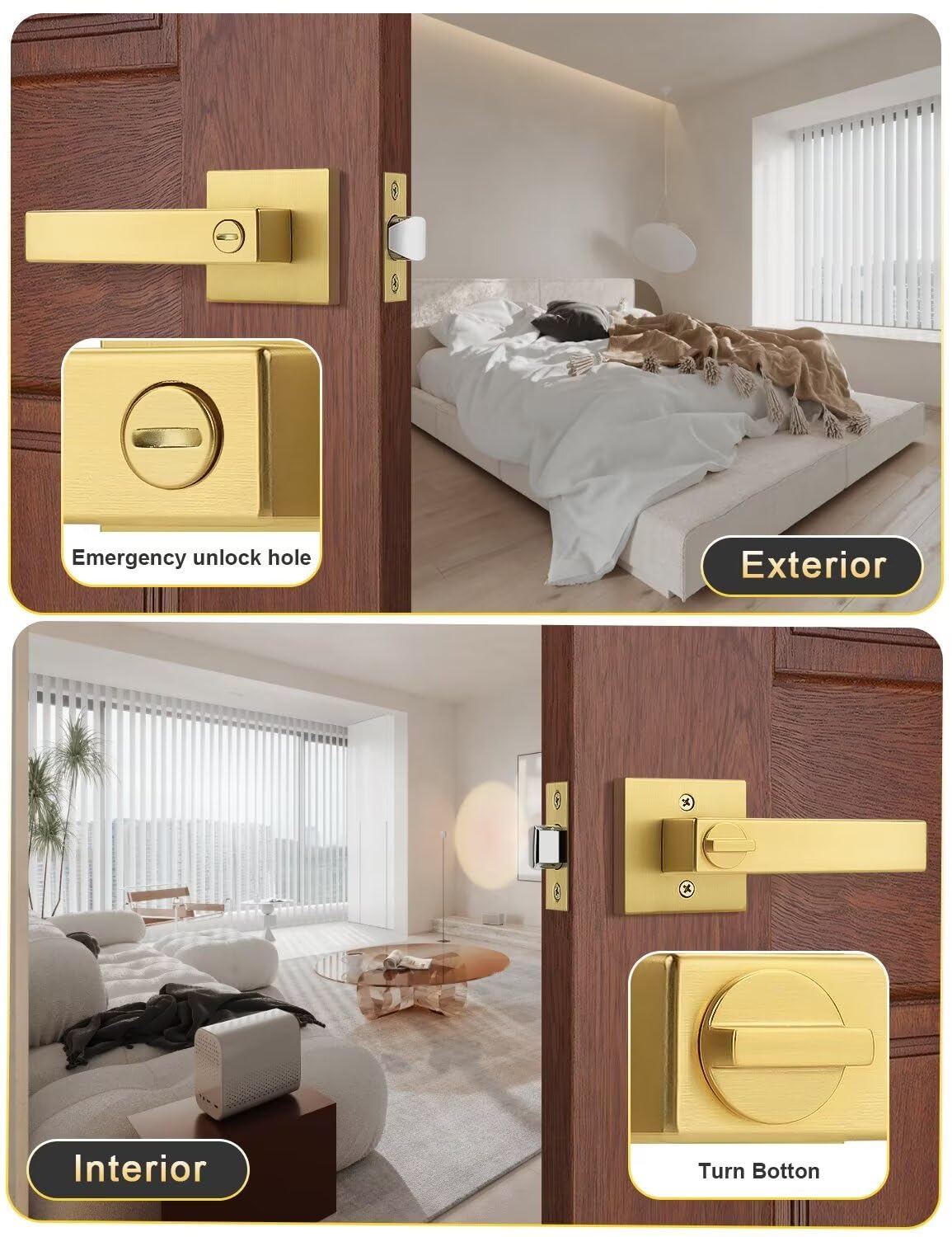Tinewa 4 Pack Heavy Duty Gold Square Privacy Interior Door Levers - View #2