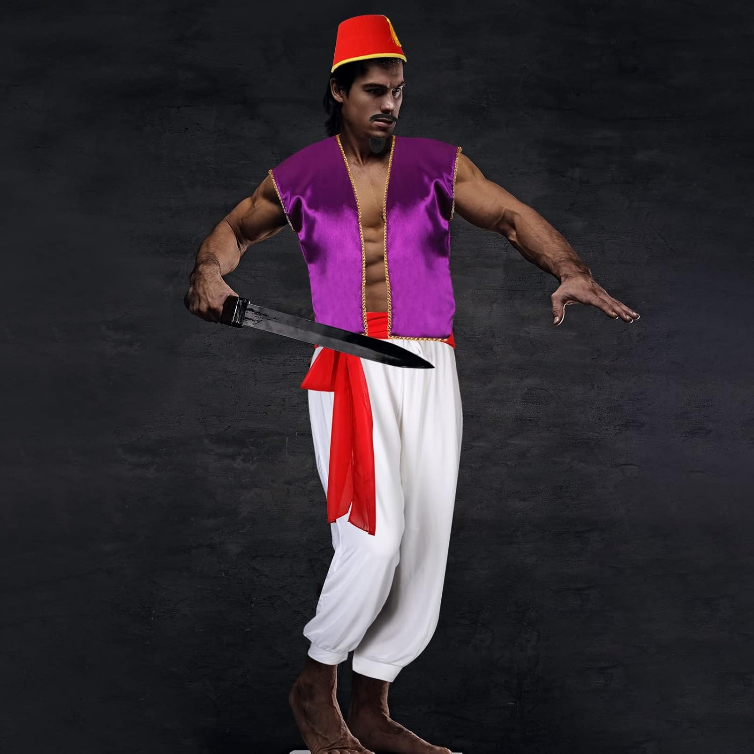 Zhanmai Men's Arabian Prince Costume Set Purple Vest Harem Pants Red Fez Felt Hat Sash Beard for Cosplay Party(Medium) - Image 5