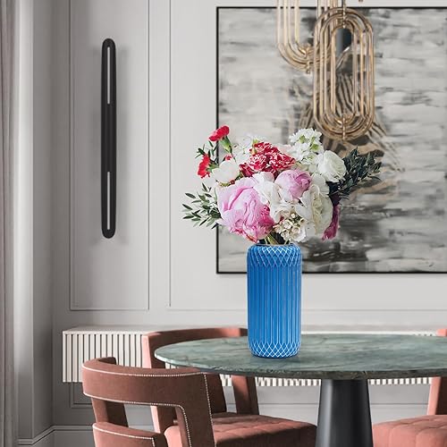 Miniatura 3 de Florero hecho a mano y pintado a mano de 10.8 pulgadas de alto, elegante jarrón grande de resina con borde plateado azul para flores secas o