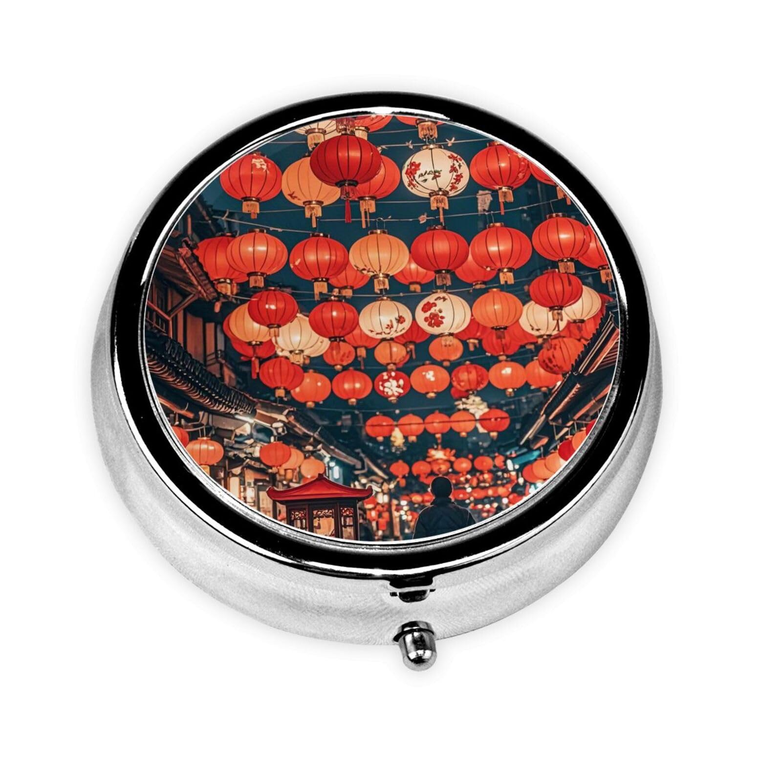 Christmas Red Lantern Print Pill Box,3 Grid Small Pill Case for Purse and Pocket,Portable Medicine Pill Container