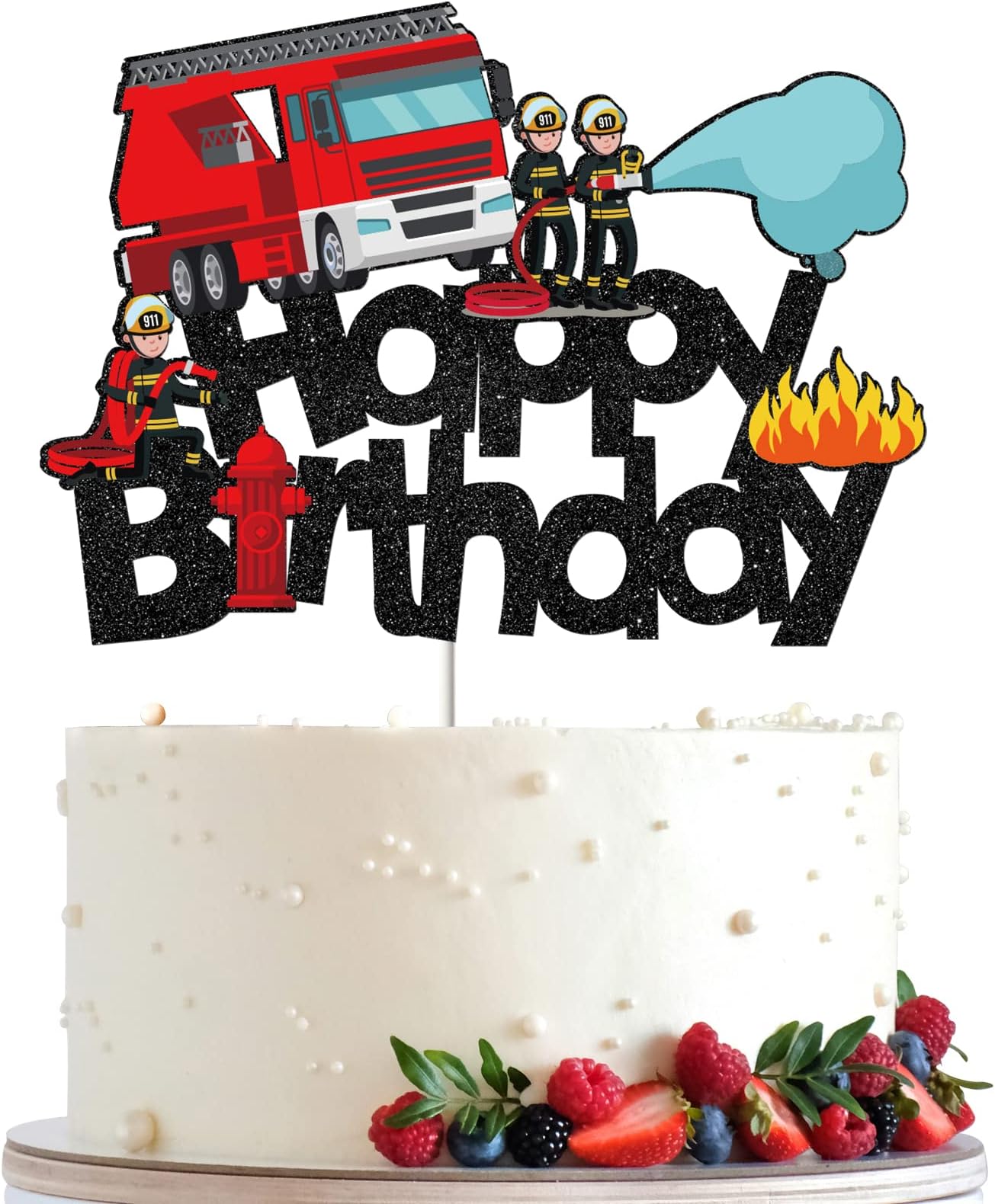 Fire Engine Happy Birthday Cake Topper, Fire Truck Birthday Decorations for Kids Boys Girls, Firemen Firefighter Birthday Party Supplies