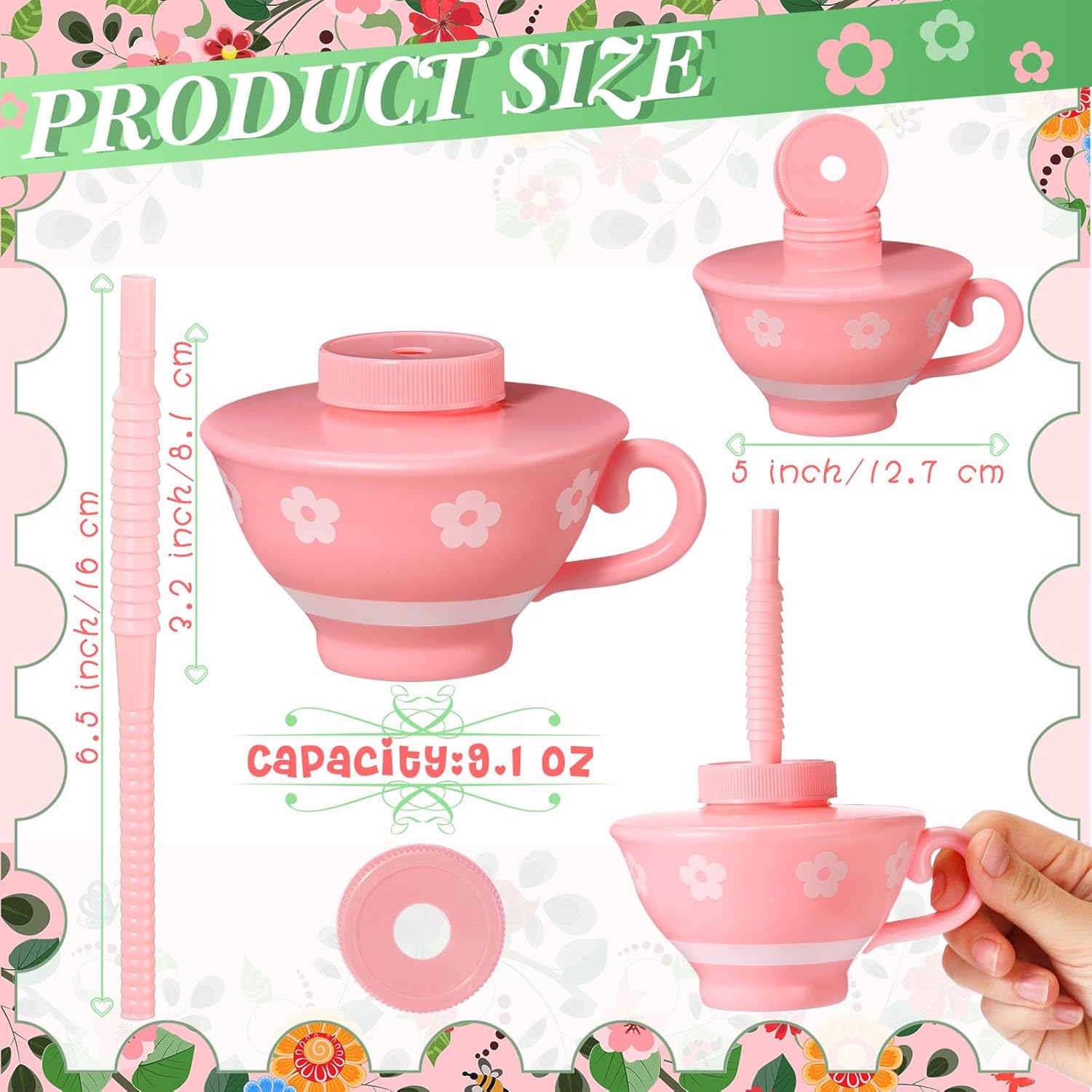 Zhehao 12 Pieces Plastic Kids Tea Cups with Lids and Straws for Tea Party, 9 oz Reusable Creative Party Cups Bulk for Birthday Baby Shower Princess Supplies - Image 2