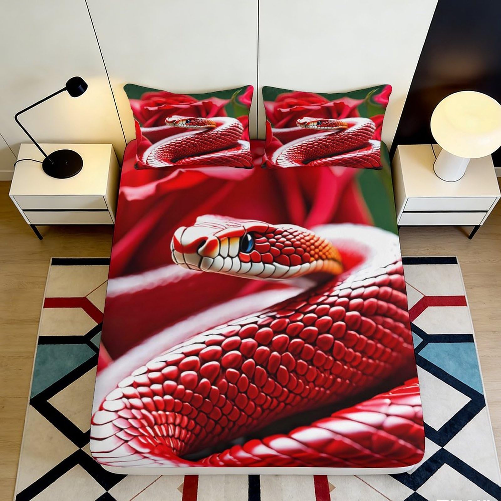 3D Printed Snake Fitted Sheet Microfiber Deep Pocket Full Wrap Non-Slip Bedroom Bedding Snake Mattress Fitted Cover Washable 200x200x25cm