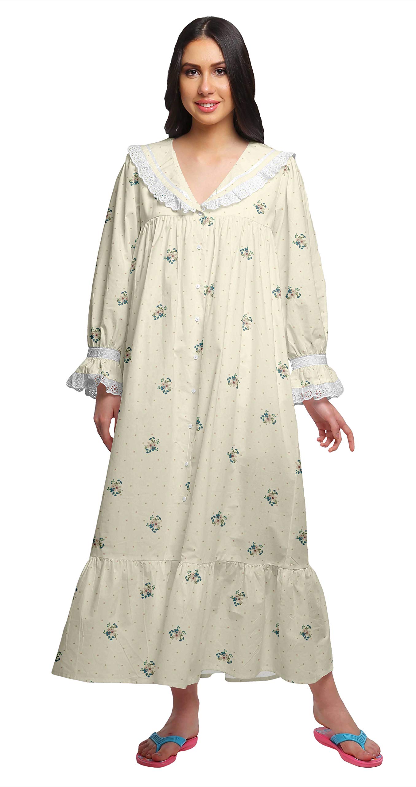 Moomaya Camison De Algodon Estampado para Mujer Maxi con Borde con Volantes